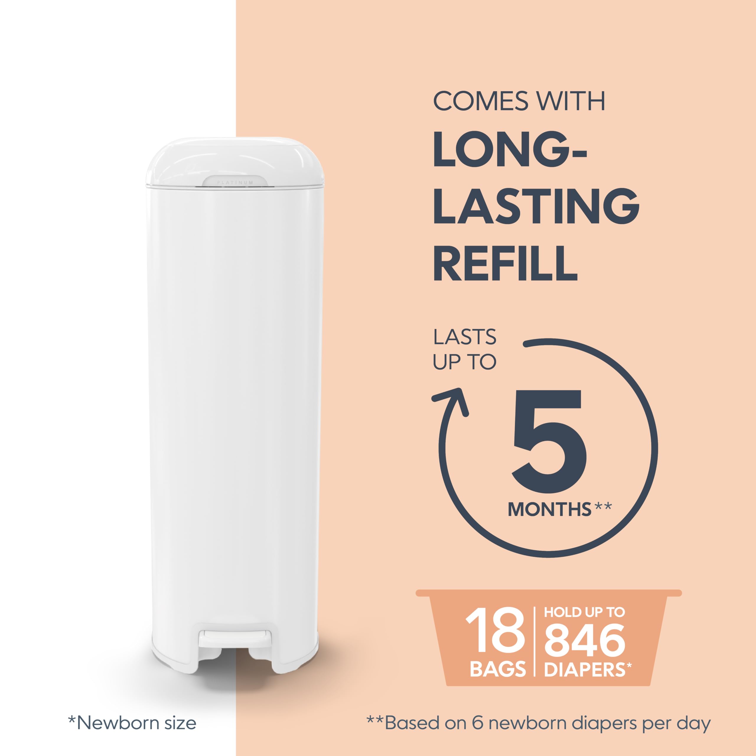 Diaper Genie Platinum Pail (Lilly White) is Made of Durable Stainless Steel and Includes 1 Easy Roll Refill with 18 Bags That can Last up to 5 Months.