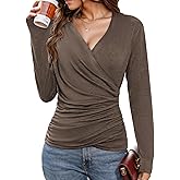 Women's Deep V Neck Cross Wrap Top, Long Sleeve Trendy Fall Ruched Asymmetricl Slim Fit Dressy Blouse