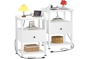 Ecoprsio Nightstand Set of 2, Nightstands with Charging Station, End Table Bedside Table with USB Port, Modern Nightstands with Drawers Storage Shelf, Wood Night Stand for Bedroom, Living Room, White
