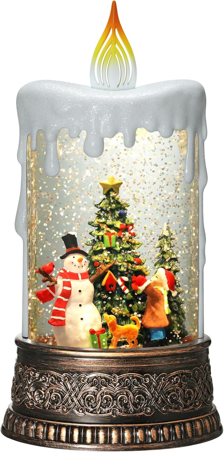 Snow Globes - Lffital Snowman Christmas Snow Globe Lantern, Lighted Christmas Decorations for Home Candle Shaped Snow Lantern with Music Timer Glittering, Home Decor Festival Gife, USB & Battery Operated