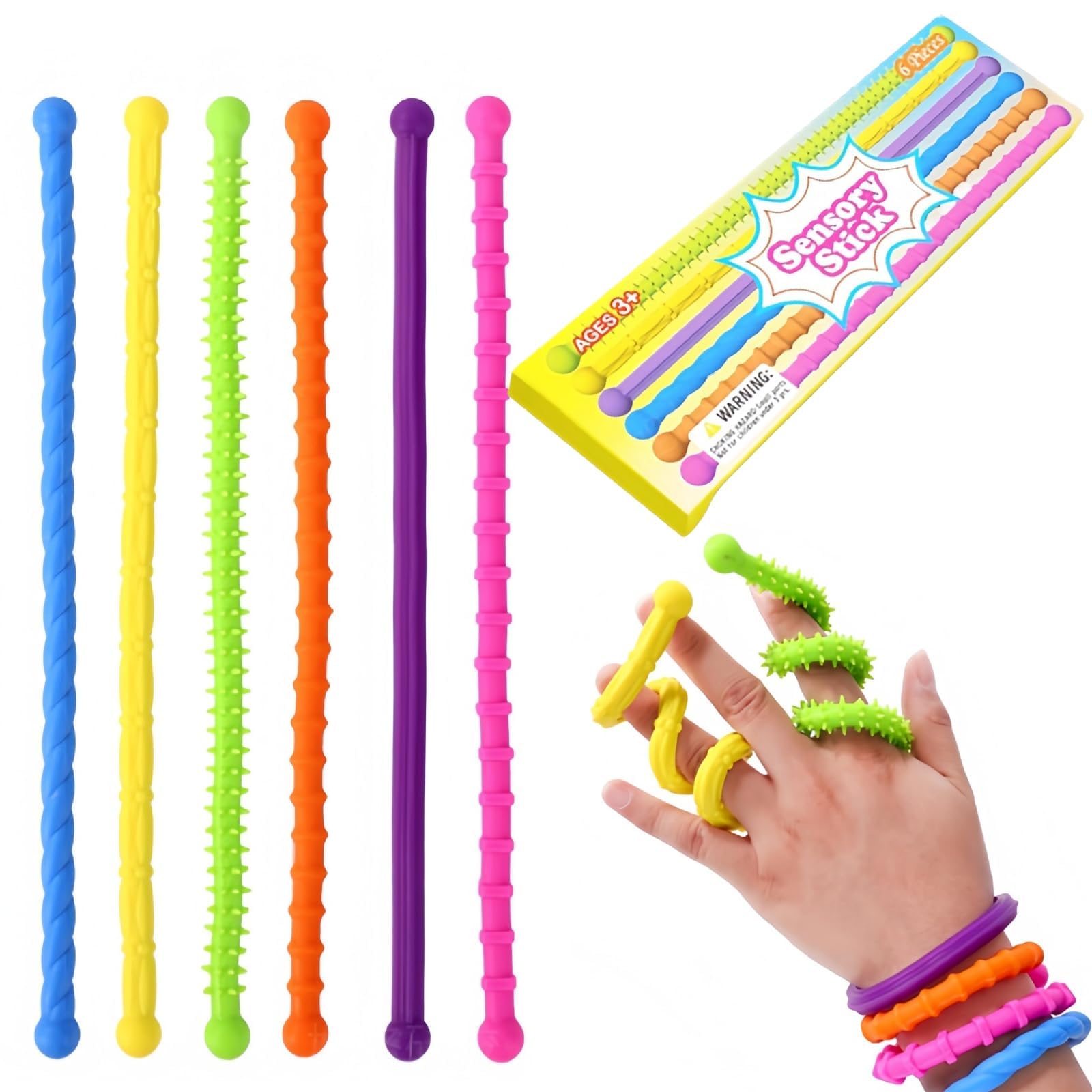 6 Pcs Textured Stretchy Sensory Fidget Toys for Kids Adults, Quiet Stress Relief Sticks for Autism ADHD, Squishy Silicone Classroom Office Travel Essentials, Calming Anxiety Toys (6 Pack)