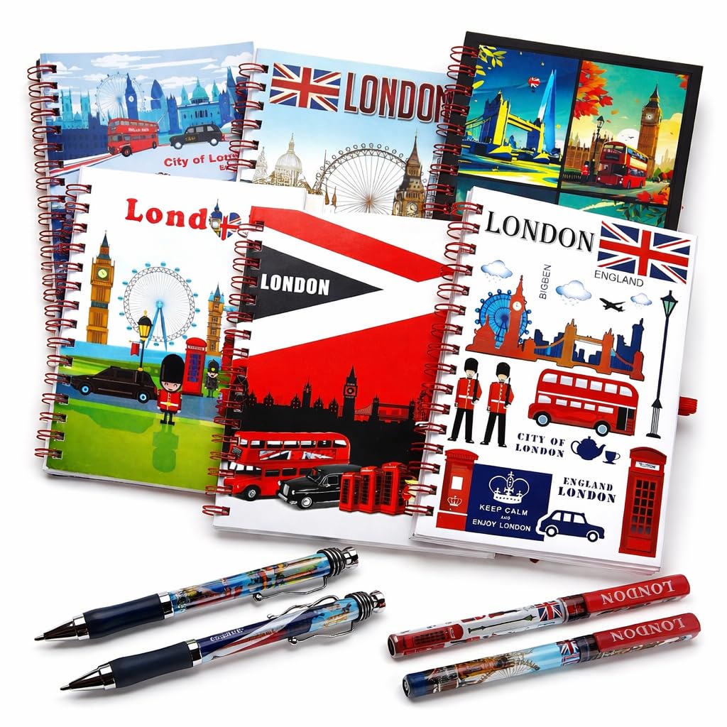 Souvenirs 6 London Notebook - England Notepad & Pen - Union Jack British Gift - Famous Iconic London Landmarks A6 Notebooks with matching pen