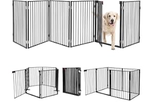 FURGGIS Metal Freestanding Dog Gates with Door,Extra Wide 24", 32" Height Foldable Dog Fence for Indoor & Outdoor, Heavy Duty Freestanding Pet Barrier for Stairs, Doorways, Halls, Kitchen,Yard,Christmas Tree