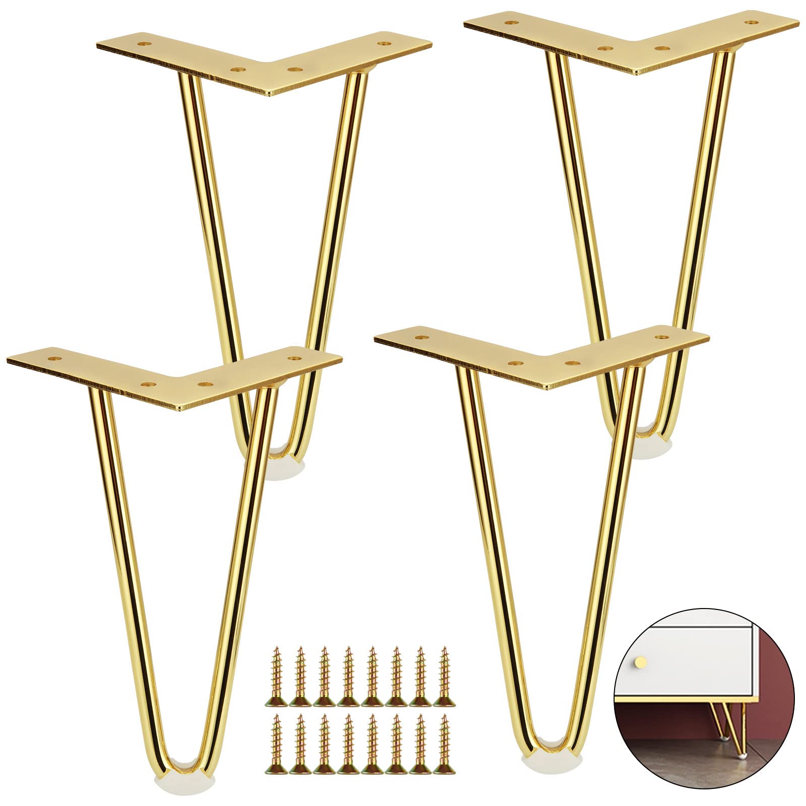 AHUNTTER 4pcs Gold Hairpin Legs, Metal Furniture Legs, Heavy Duty Table Legs For Sofa, Cabinet, Wardrobe, TV Cabinets, Drawers, Desk - with Rubber Floor Protectors and Screws, 20 x 10cm