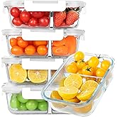 KOMUEE 30 oz 5 Pack Glass Meal Prep Containers 2 Compartments, Glass Food Storage Containers with Lids, Airtight Lunch Box, Microwave, Oven and Freezer Safe, White