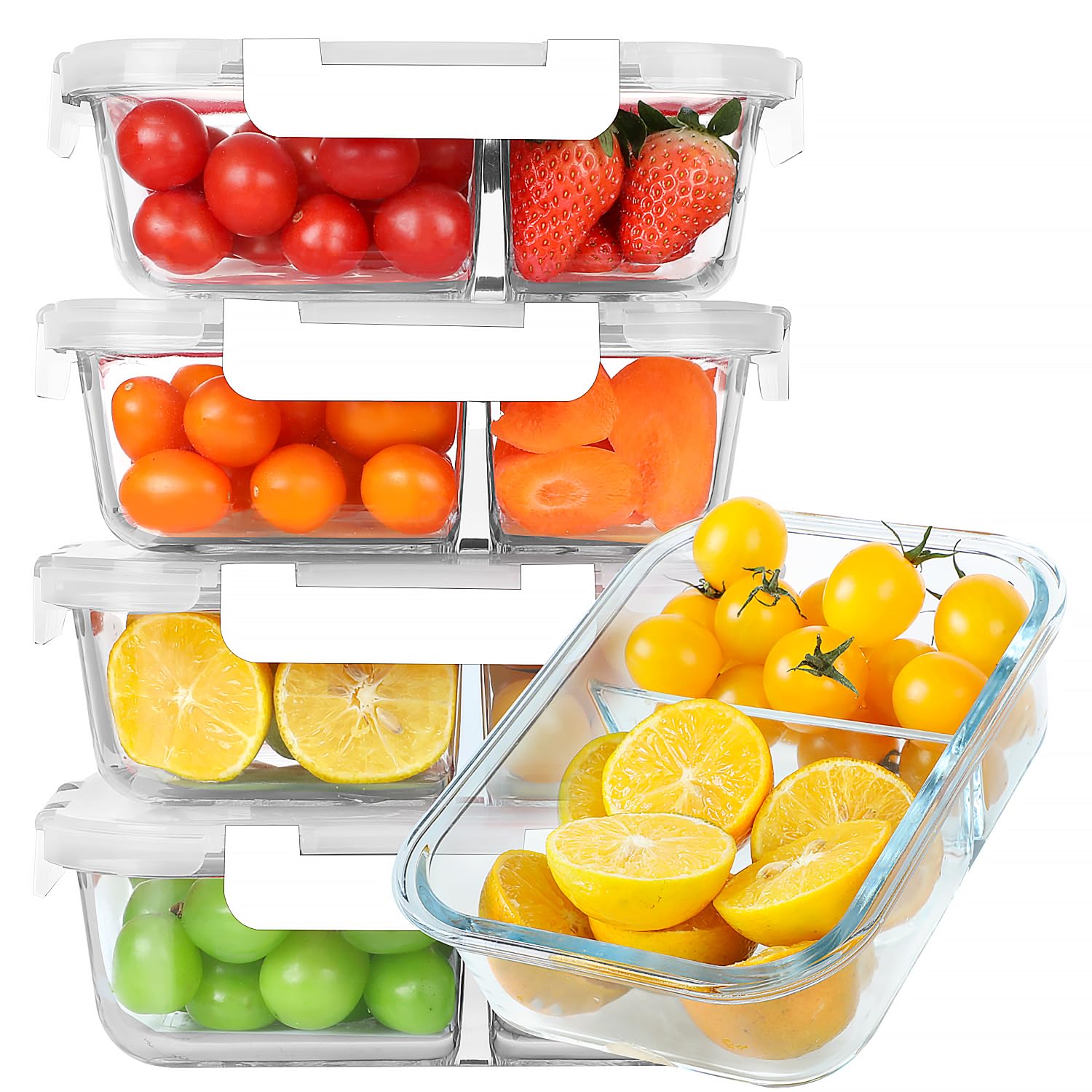 Photo 1 of KOMUEE 30 oz 5 Pack Glass Meal Prep Containers 2 Compartments, Glass Food Storage Containers with Lids, Airtight Lunch Box, Microwave, Oven and Freezer Safe, White