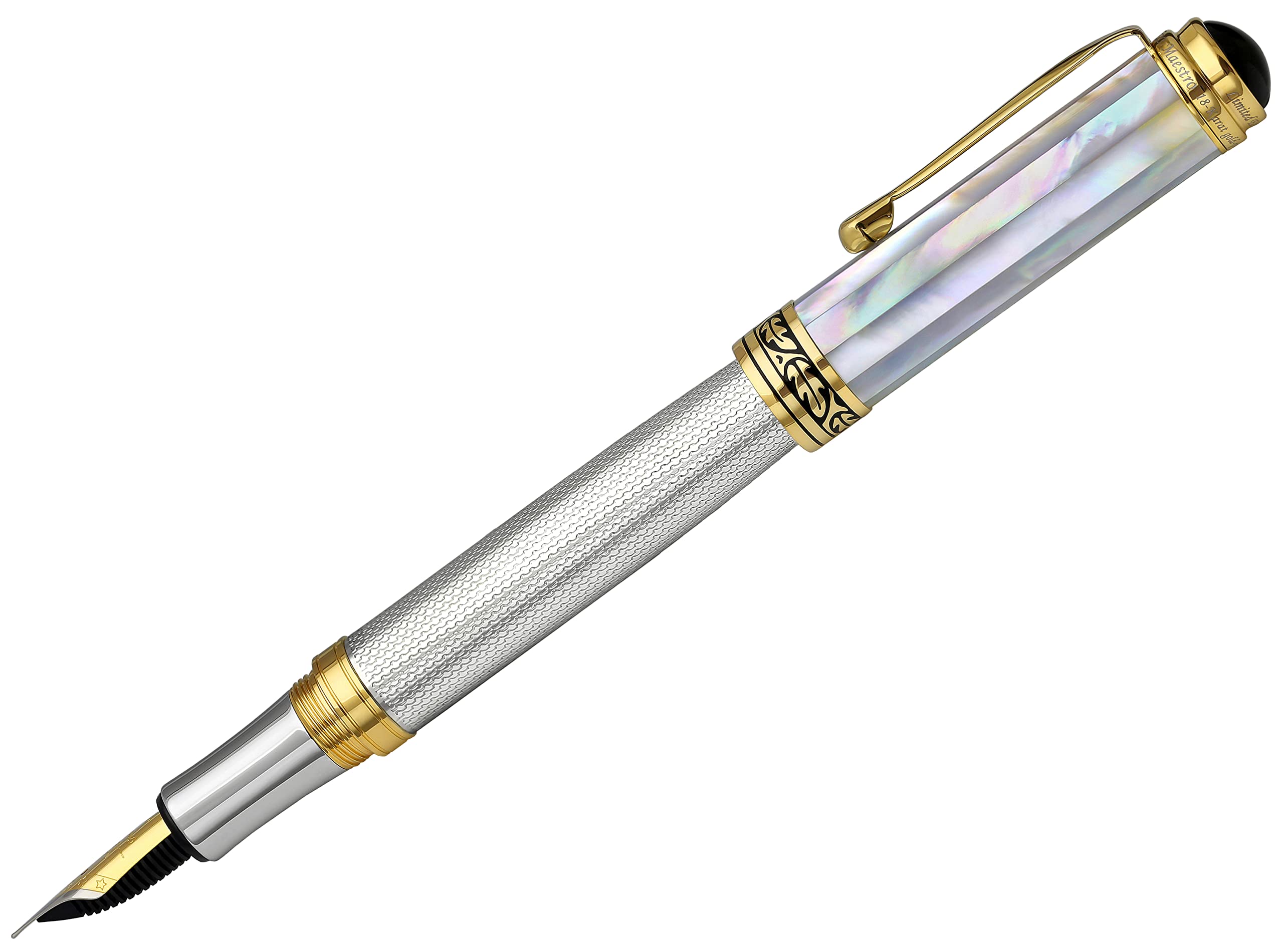 Xezo Maestro Fountain Pen, Medium Nib. Solid 925 Sterling Silver with Oceanic White Mother of Pearl and 18 Karat Gold Plating. Handcrafted, Limited Edition, Serialized