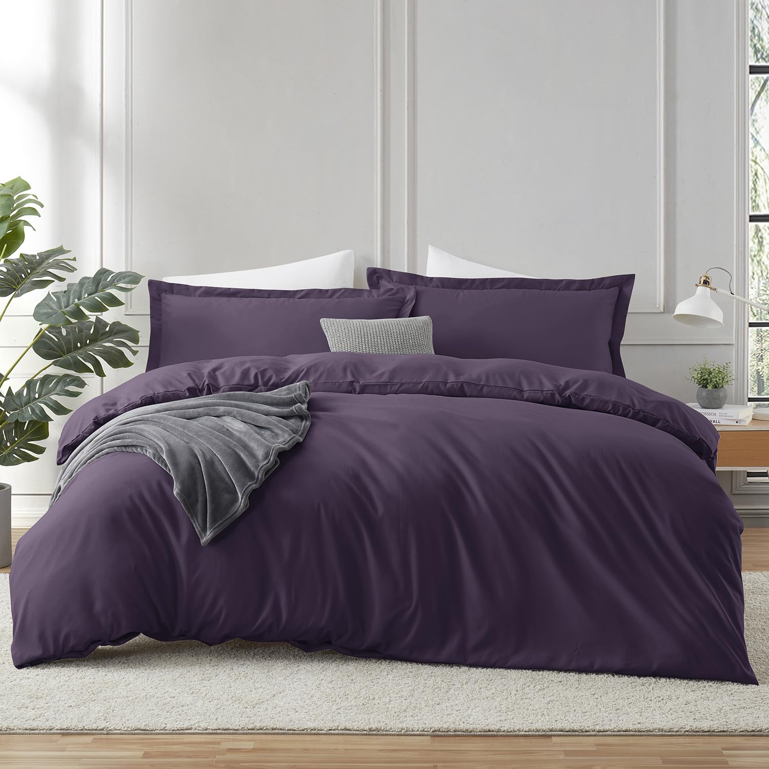 Photo 1 of Hearth & Harbor Purple Duvet Cover Queen Size - 3 Piece Soft Double Brushed Bedding Set - Includes 1 Queen Duvet Cover with Button Closure 90x90 inches and 2 Pillow Shams
