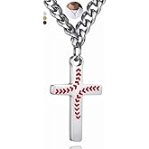 NUKAYAI Baseball Cross Necklace for Men, 16"/18"/20" Cuban Chain Stainless Steel Black/Gold/Silver Birthday Valentines Christian Easter Baseball Gifts for Son Grandson Nephew