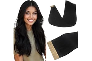 DOORES Human Hair Extensions, Jet Black 20 Inch 50g 20pcs, Tape in Hair Extensions Skin Weft Seamless Tape in Real Remy Straight Hair for Women