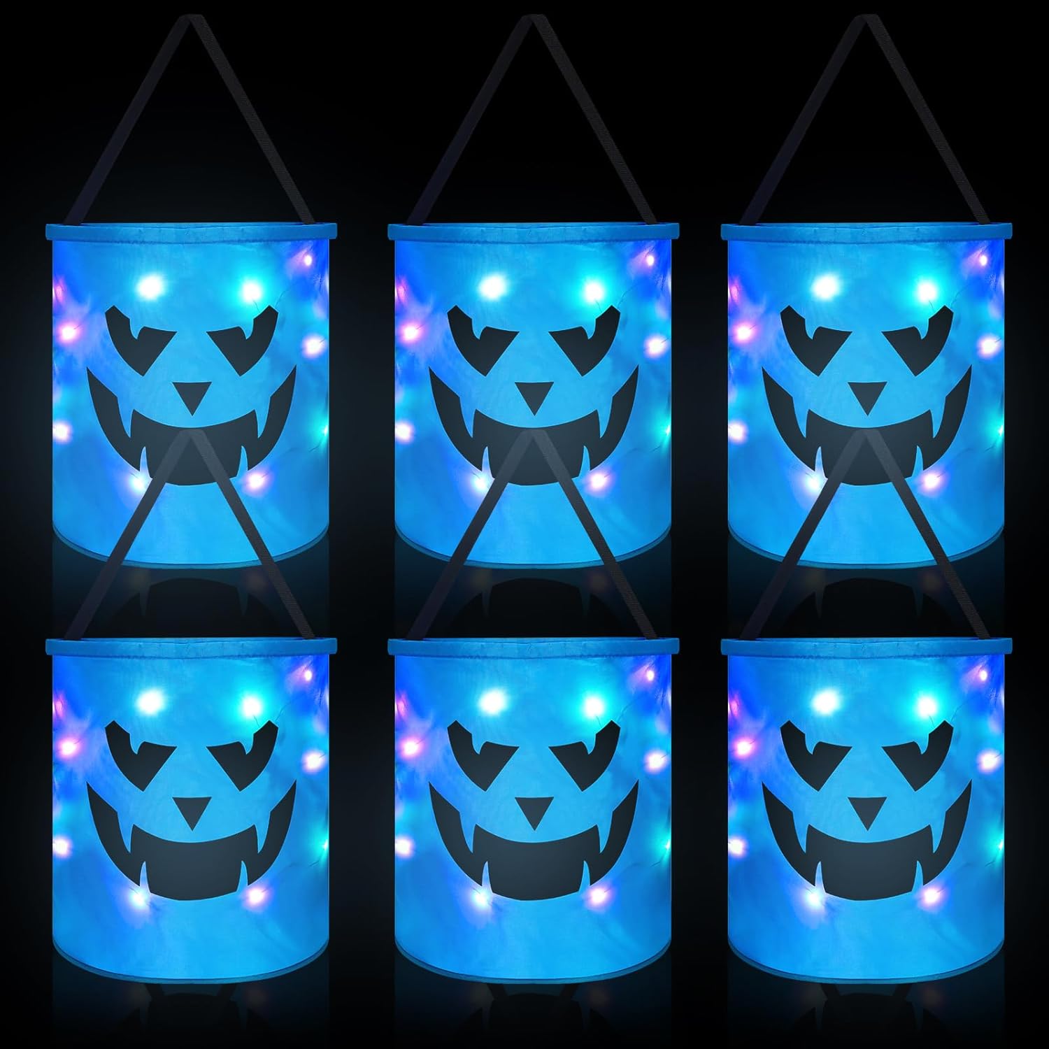 Holiday Décor Storage - Jenaai 6 Pcs LED Light Halloween Buckets Halloween Candy Bags Halloween Trick or Treat Bucket Halloween Pumpkin Ghost Bags Multipurpose Reusable Goody Bucket for Halloween Party Decorations, Blue