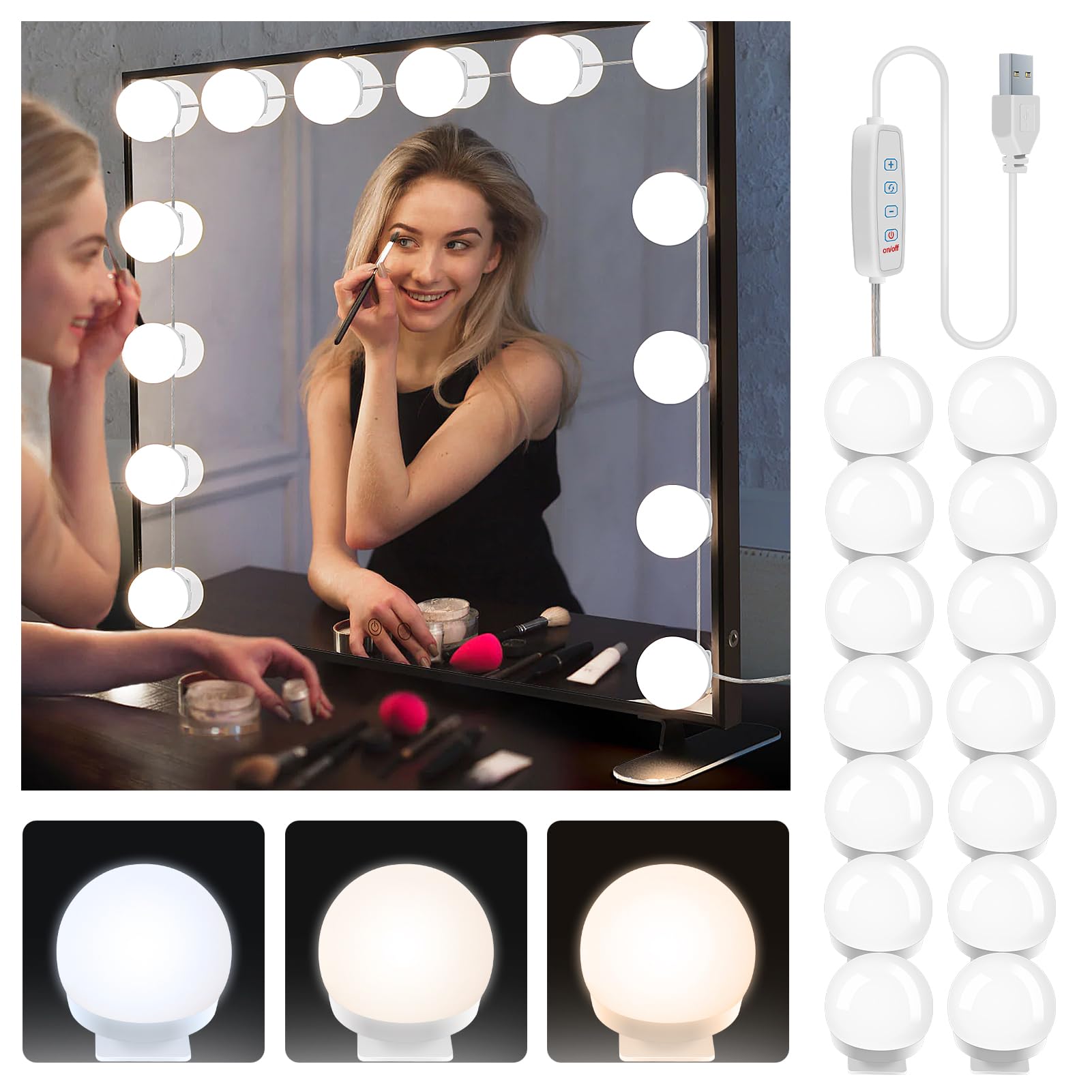 Photo 1 of YGS-Tech 14 Bulb Dimmable Mirror Lights, Hollywood Style LED Vanity Mirror Lights, USB Powered Vanity Lights Fixtures for Mirror Dresser Bedroom with 3 Color Modes, 10 Adjustable Brightness