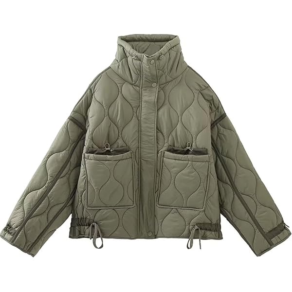 Akklian Womens Winter Quilted Coat No Hood Ribbed Raglan