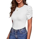 Remidoo Puff Sleeve Tops for Women Short Sleeve Top Casual Crewneck Rib Knit Fitted T Shirt
