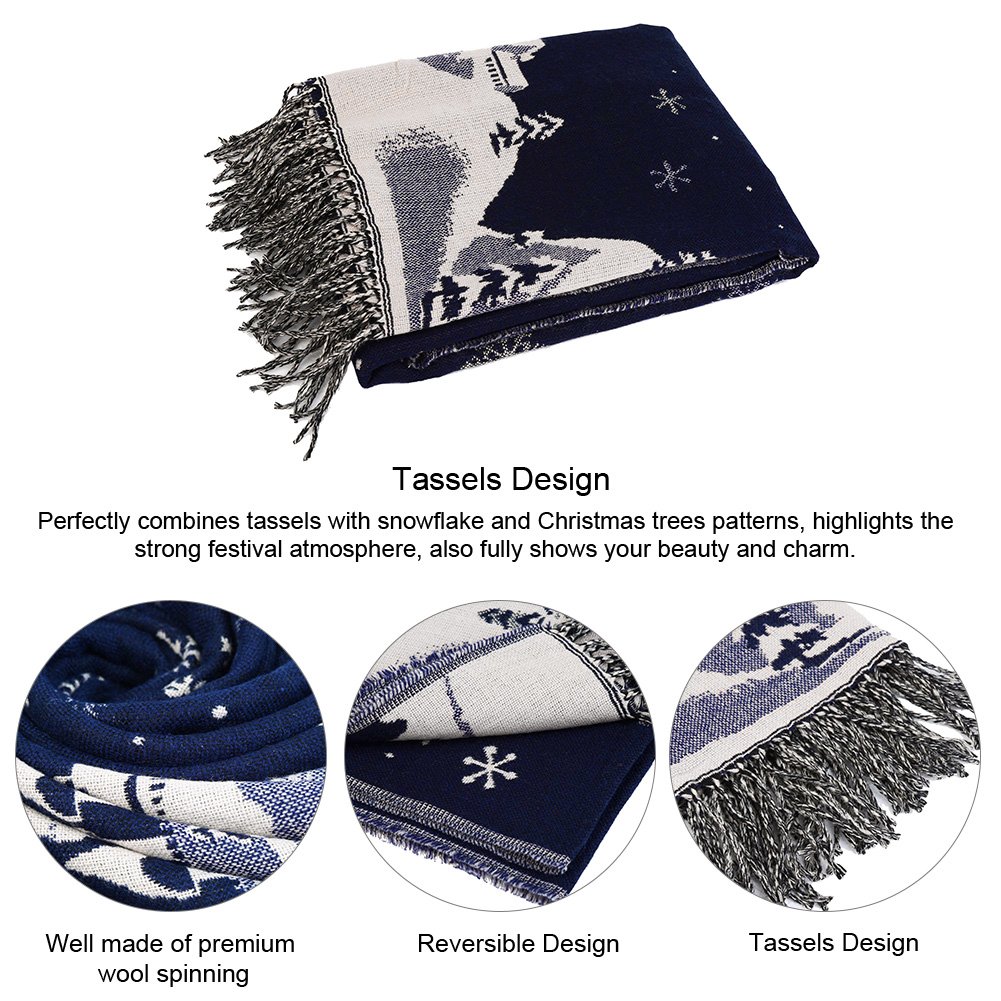 Vbiger Christmas Unisex men women Reversible Winter Scarf Oversized Warm Wrap Shawl Thickened Pashmina with Tassels (Navy Blue)