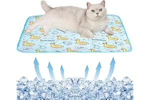 BAMY Cat Cooling Mat Summer Dog Silk Pad Self Cooling Cushion Washable Kitten Ice Blanket with Duck Strawberry Pattern (Blue Duck, S (19.7"x15.7"))