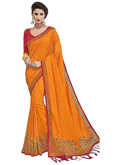 Women's Fabric Satin Silk Embroidery Saree with Blouse Piece (Orange)
