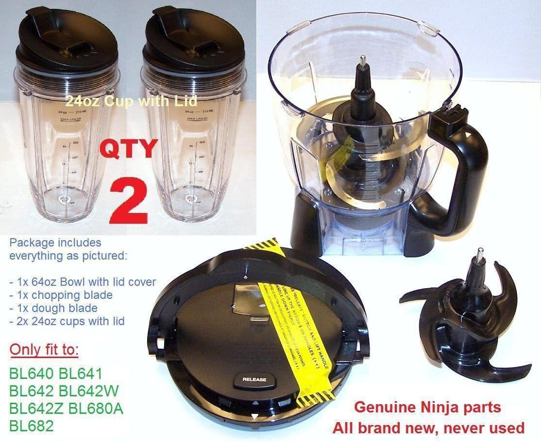 Ninja 64oz Bowl + Lid Blade Dough 2x 24oz Cup for Auto-iQ DUO BL642 BL680 BL682