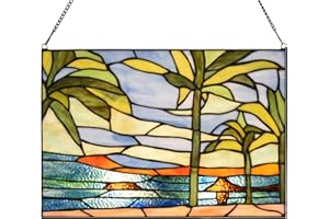 HomeBeauty PA0006 Stained Glass Window Panel-14 Wx9.5 H Window Suncatcher Tiffany Style Ornament,Tropical Palm Trees Home Hanging Decorations