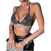 SHENHE Women's Sexy Sequin Halter Backless Rhinestone Fringe Glitter Party Club Crop Top