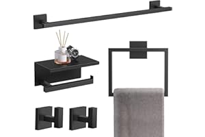 TQKAG 5-Pieces Matte Black Bathroom Hardware Accessories Set 23.6" SUS304 Stainless Steel Towel Bar Set Wall Mounted Square Toilet Paper Holder with Shelf