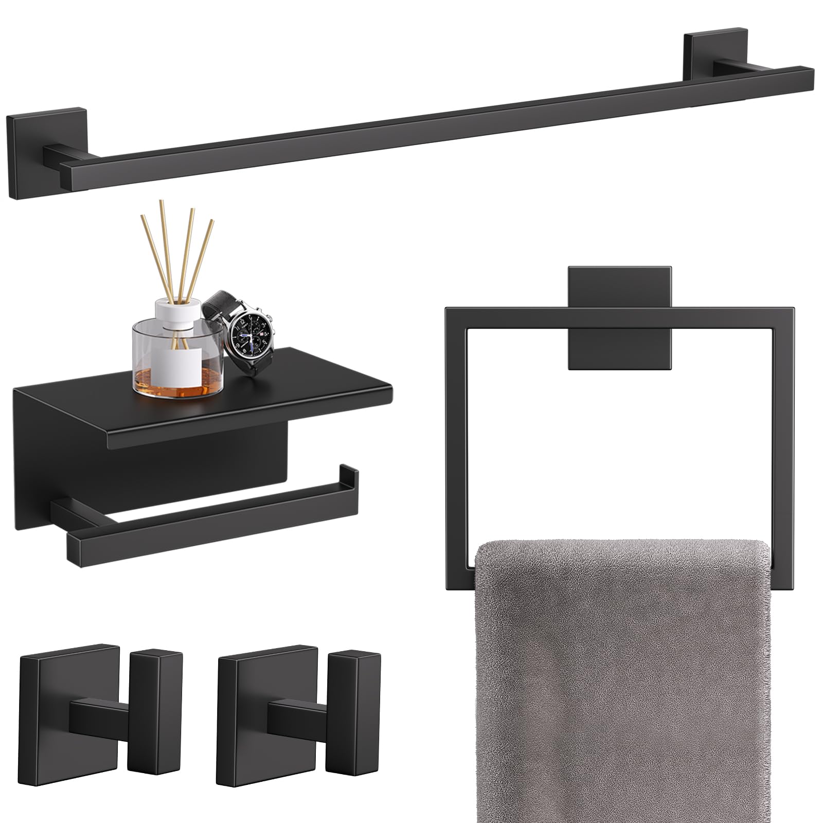 Photo 1 of TQKAG 5-Pieces Matte Black Bathroom Hardware Accessories Set 23.6" SUS304 Stainless Steel Towel Bar Set Wall Mounted Square Toilet Paper Holder with Shelf