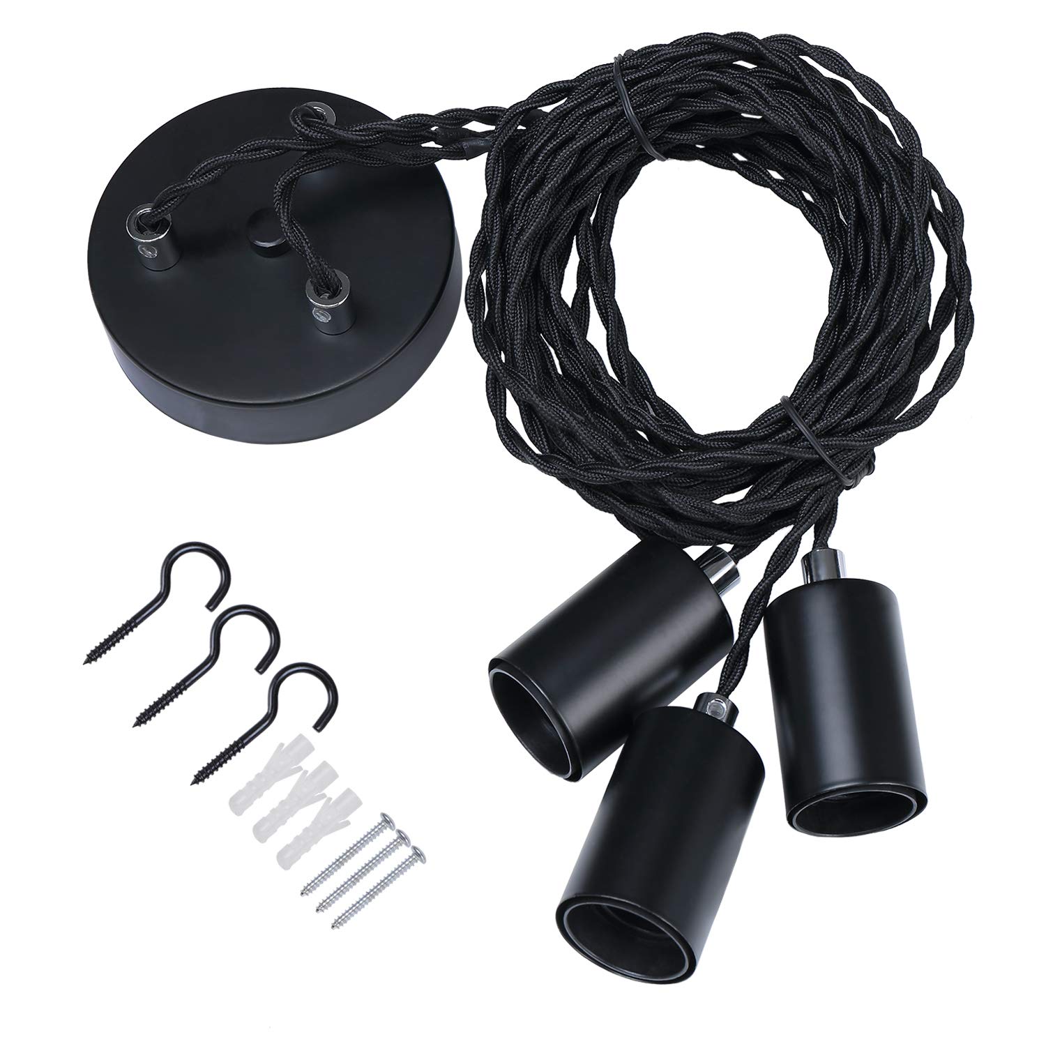 Black Industrial pendant light fitting, 3lights Spider Hanging Chandelier with adjustable 3M twisted braided cable, Retro industrial Cluster Fittings E27 Lamp Holder-Black/1010-3LT