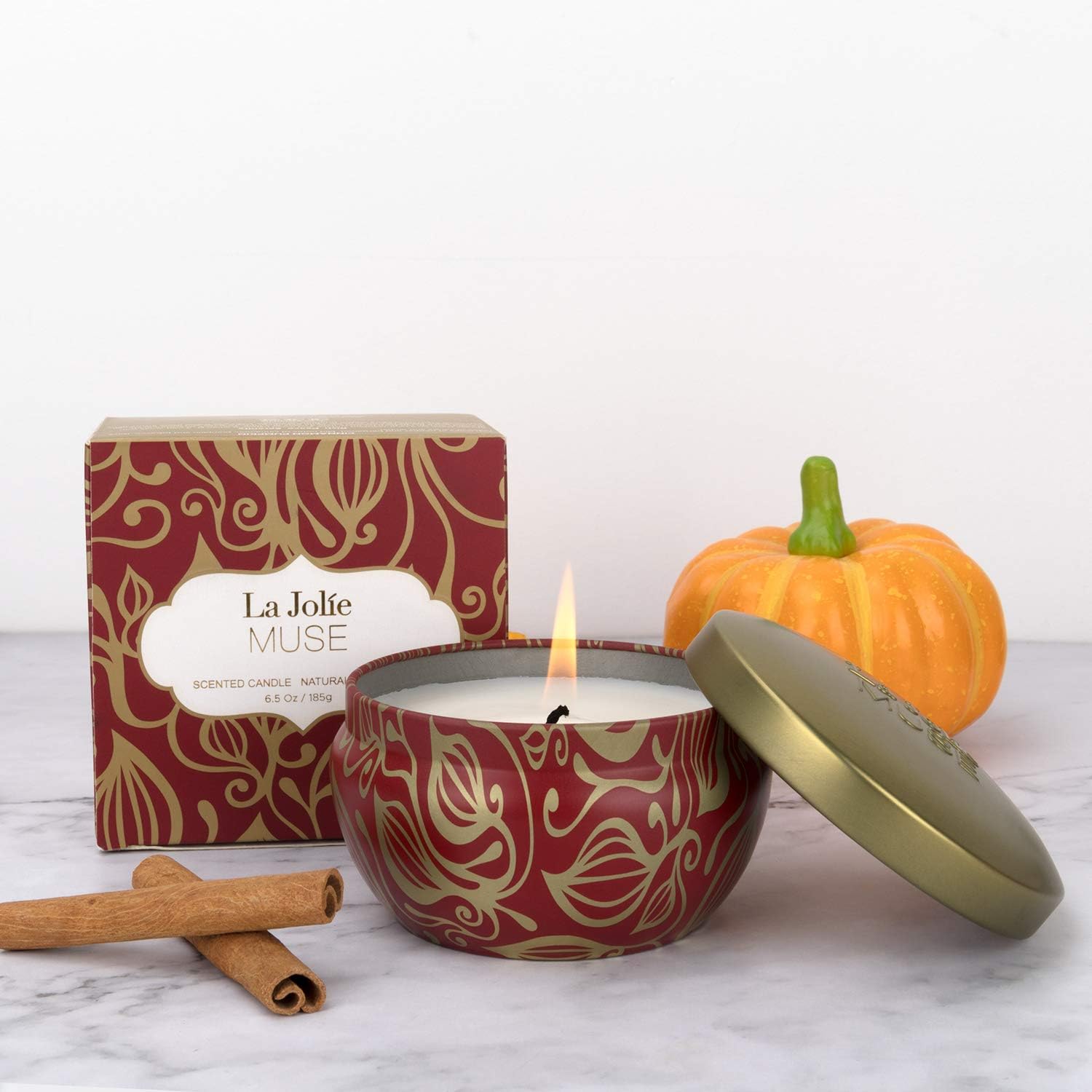 LA JOLIE MUSE Cinnamon Pumpkin Scented Candle, 100% Natural Soy Candle for Home, Vanilla Tobacco Bergamot, 45 Hours Long Burning Halloween Candle, Tin, 6.5Oz Halloween Candle: Home & Kitchen