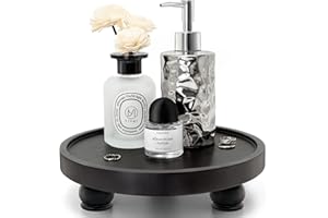 EOSAHR Modern Wood Riser for Display : Farmhouse Pedestal Stand for Kitchen Counter and Home Decor, Round Waterproof Display Tray for Soap on Sink (Black)
