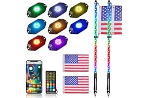 OHMU 2PCS 3FT LED Whip Lights and 3rd-Gen Rock Lights Kit with Bluetooth and Remote Control 8 Pods Neon Light Offroad Warning Lighted Antenna LED Whips Package (3FT 2Pcs+ 8Pcs Rock Lights)