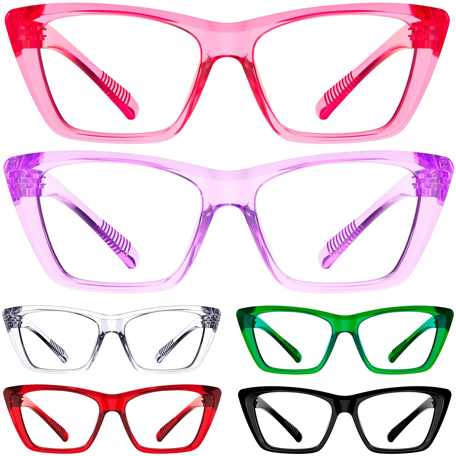 Eyekepper Cat Eye Reading Glasses with Screwless Spring Hinges Metalless 6 Pack for Women Large Thick Frame Readers +1.25