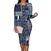 WOKANSE Women's Long Sleeve Faux Denim Printed Dress Bodycon Stretchy Midi Dresses for Party Club