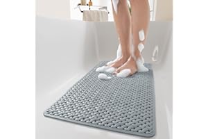 PADOOR Extra Long 40”x16” Bathtub-Mat Non Slip with Suction Cups and Drain Holes, Machine Washable Shower Mat Anti Slip Bath Mat for Tub & Shower,Gray