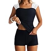 EVOCRCO Women's Tankini Swimsuits Tummy Control Modest Two Piece Bathing Suit Wide Straps Retro Swimwear with Short