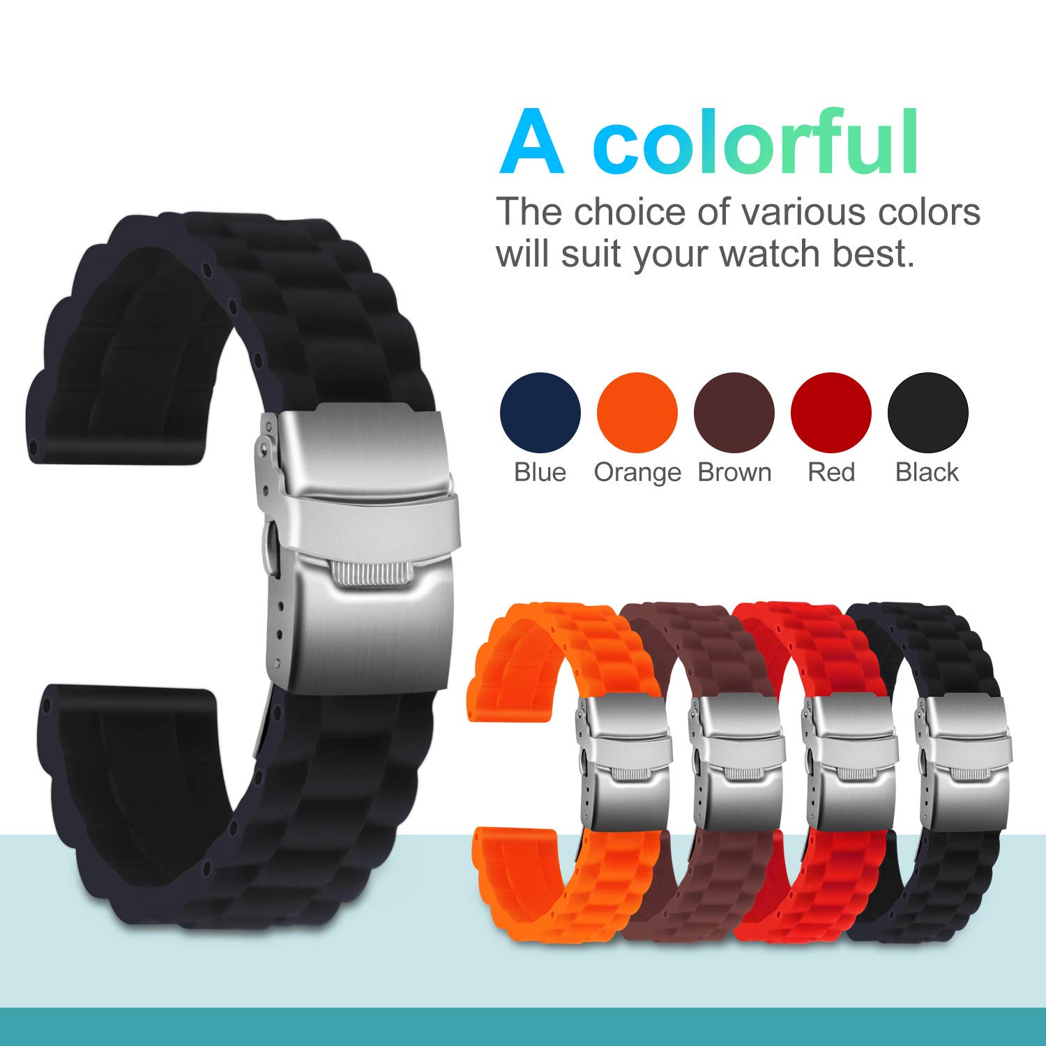 ULLCHRO Silicone Watch Strap Replacement Rubber Watch Band Waterproof Link Pattern - 16mm, 18mm, 20mm, 22mm, 24mm Watch Bracelet with Stainless Steel Deployment Buckle