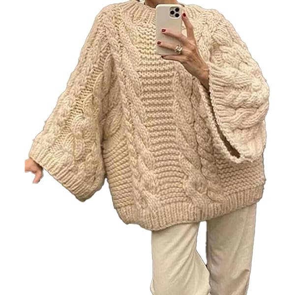 Womens Oversized Sweater Y2K Long Sleeve Tops Cable Knit