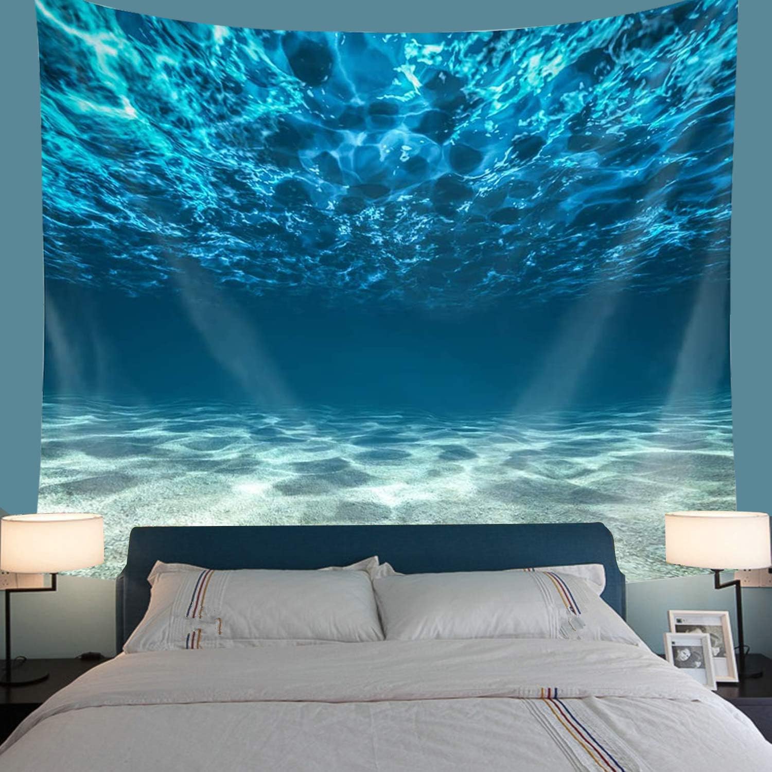 Tapestries - QCWN Ocean Wall Hanging Tapestry,Bright Gravelly Bottom and Wavy Surface Tropical Seascape Abyss Underwater Picture Wall Hanging Tapestry for Bedroom Living Room Dorm.59x51Inch