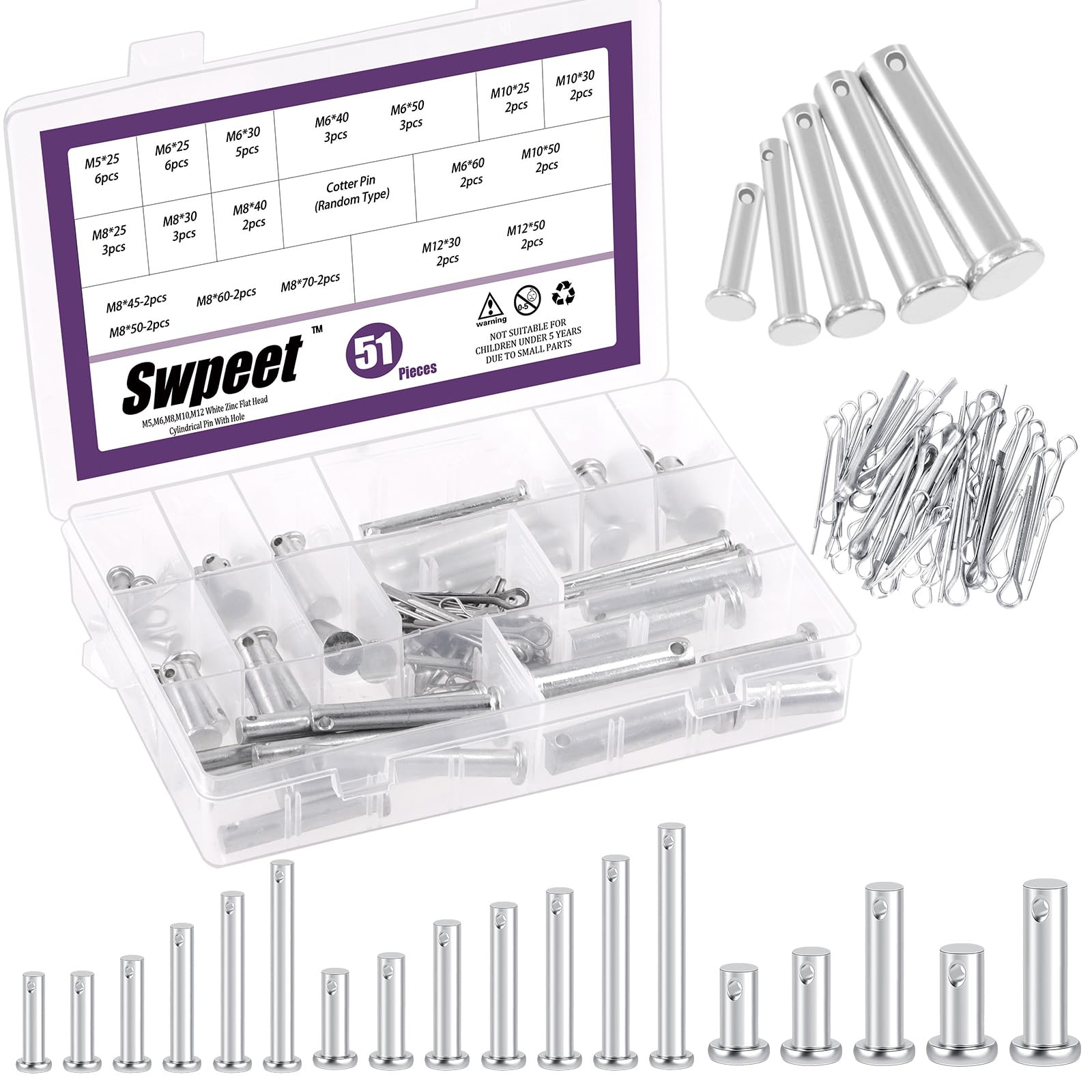 Swpeet 51Pcs 18 Size M5 M6 M8 M10 M12 Zinc Plated Clevis Pins with Cotter Pin Assortment Kit, Single Hole Flat Head Clevis Pins Split Pins Hairpin Cotter Pin Fitting Hole Location Pin Clips Fastener