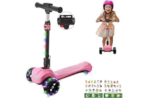 LEFELWEL 3 Wheel Electric Scooter for Kids Ages 3+, LCD Display, Colorful Lights, Reliable Thumb Throttle, 3 Adjustable Height, 5Mph Safe Speed and Long Range, Foldable Kids Electric Scooter