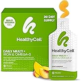 Healthycell Vegan Daily Multivitamin Liquid Supplement with Iron and Omega-3, 25+ Essential Vitamins, Minerals & Nutrients for Brain & Heart Health, Immune Support & Energy - 30 Gel Packs