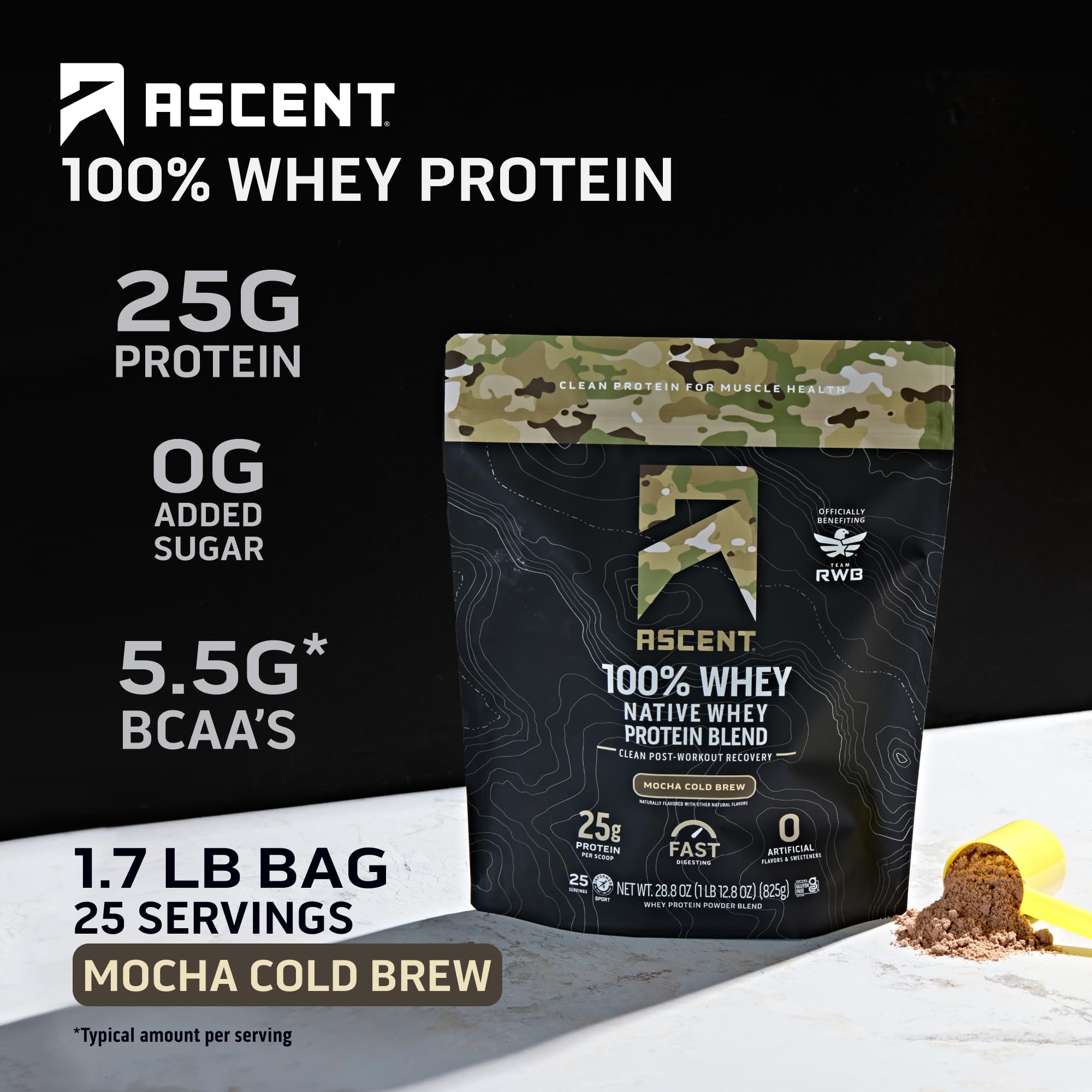 Ascent 100% Whey Protein Powder - Post Workout Whey Protein Isolate, Zero Artificial Flavors & Sweeteners, Gluten Free, 5.5g BCAA, 2.6g Leucine, Military Exclusive, Mocha Cold Brew 1.7 lb