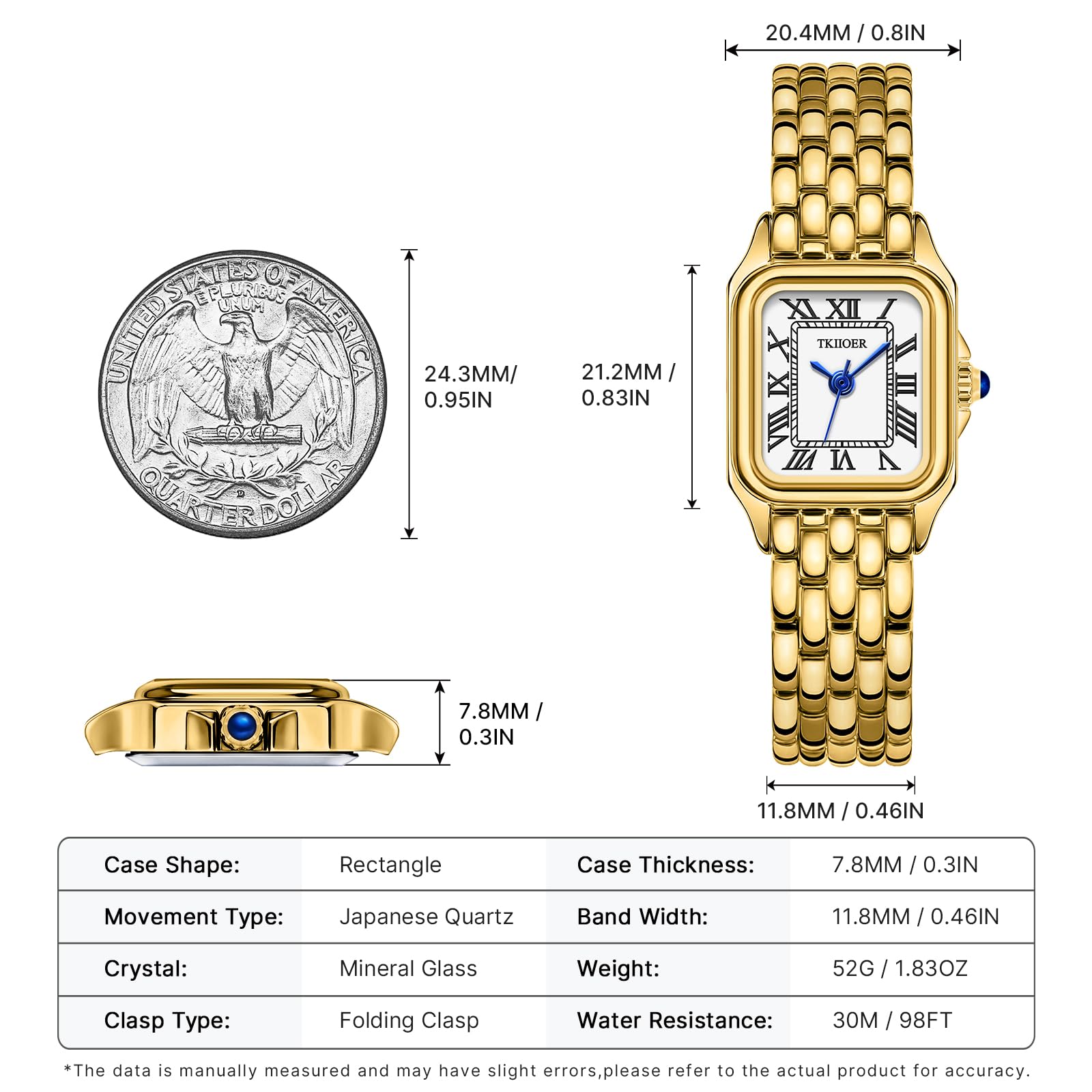 TKIIOER Small Gold Watches for Women, Vintage Roman Dial Women's Watches, Rectangular Case Ladies Analog Watch