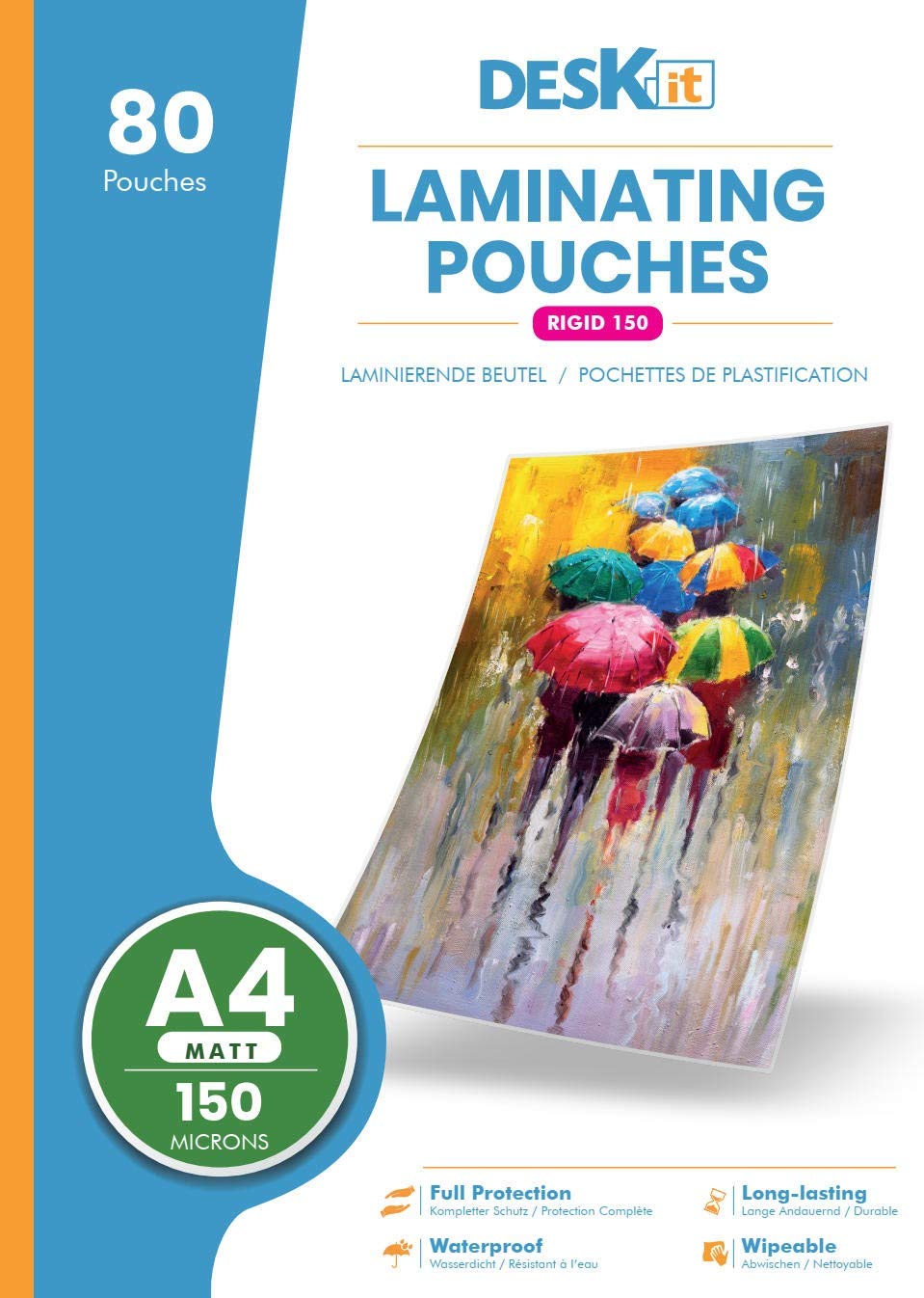 Deskit A4 Laminating Pouches, Matt, 150 Microns, 80 per Pack. Clear and Durable Presentations with a Modern Finish