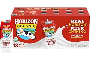 Horizon Organic Shelf Stable Whole Milk Boxes, 8 fl oz, 18 Count - 8g Protein per Serving, USDA Organic UHT from Pasture-Raised Cows, Ready to Drink for Lunchbox, Travel, or On-the-Go, No Refrigeration Needed