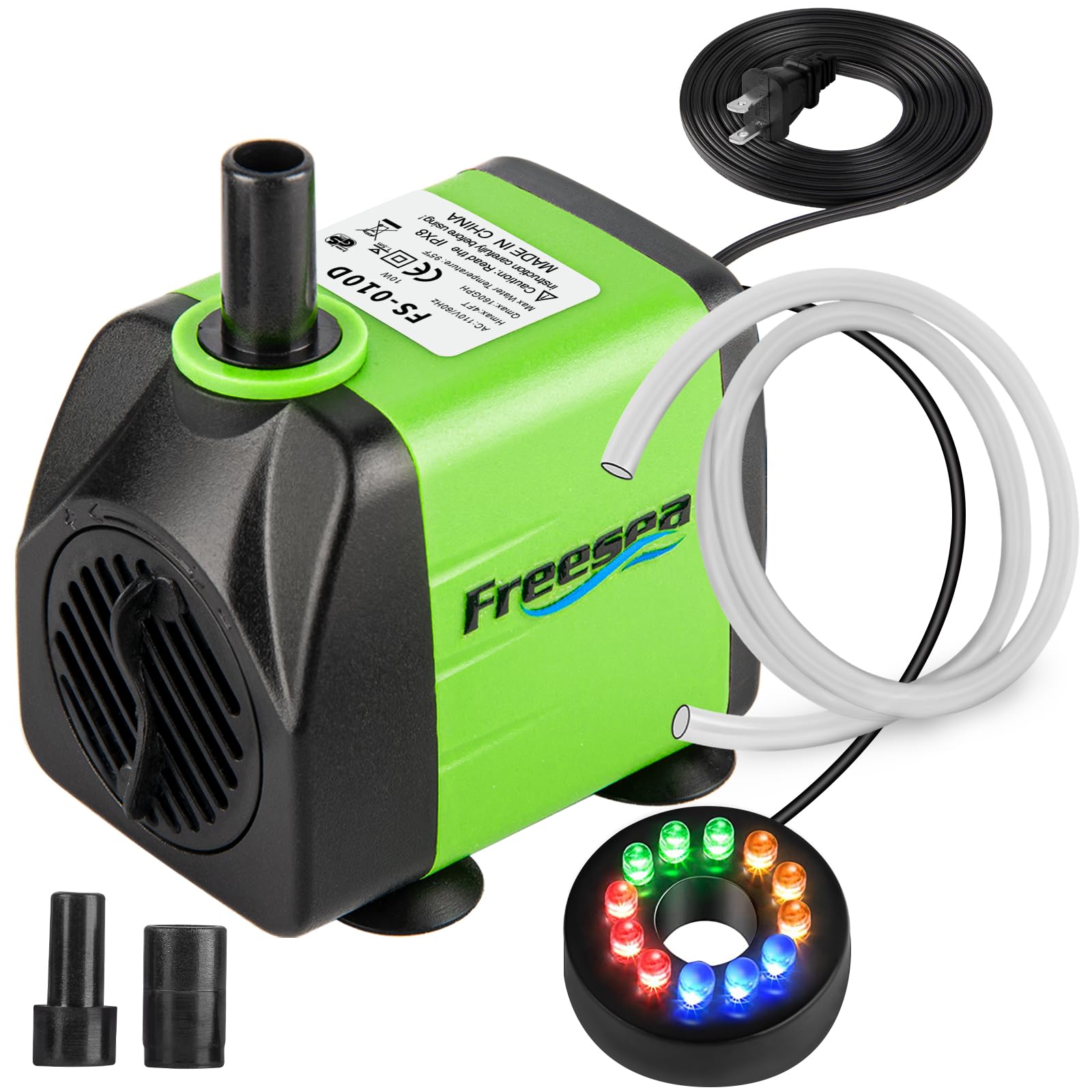Photo 1 of FREESEA Fountain Submersible Water Pump: 10Watt 160GPH Adjustable Aquarium Pump With LED Light 3.3ft Tubing for Outdoor Pond | Small Fish Tank | Waterfall