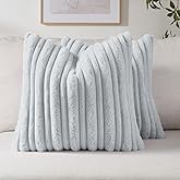 FUTEI Light Blue Decorative Throw Pillow Covers 18x18 Inch Set of 2,Soft Fluffy Faux Rabbit Fur Thick & Thin Striped Textured Cushion Case,Modern Home Decor for Couch Bed Living Room
