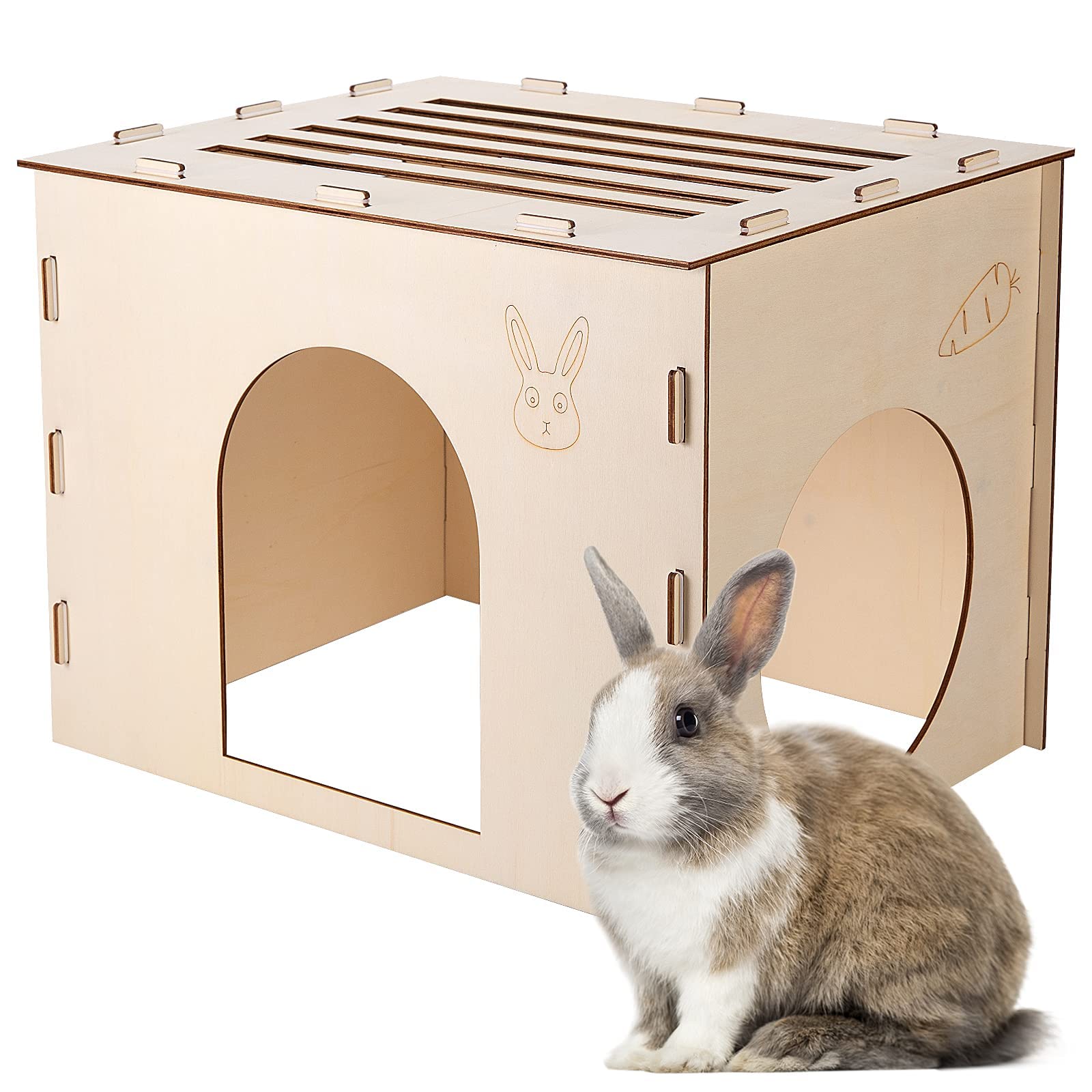 Photo 1 of Woiworco Wooden Rabbit Hideout Castle for Indoor Bunnies, Chinchilla, Hamsters and Guinea Pigs - Houses and Hut to Hide