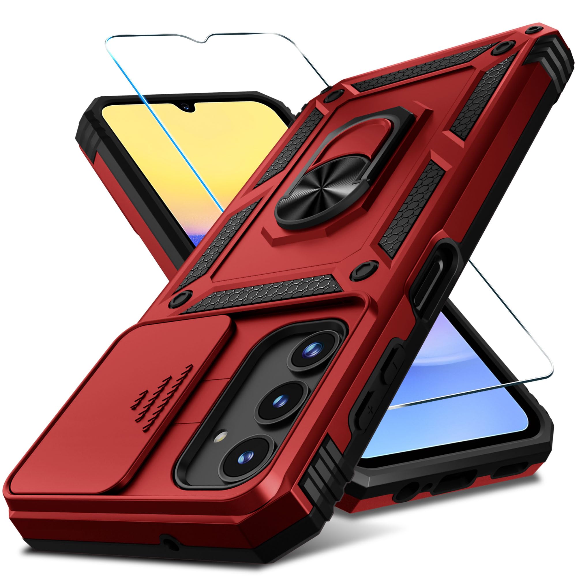 Janmitta Compatible with Galaxy A15 5G Case Built in Slide Camera Lens Cover+Screen Protector+Finger Ring Holder Kickstand,Heavy Duty Shockproof Full Body Phone Cover,2024 Red