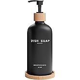 Black Glass Dish Soap Dispenser for Kitchen Sink by Brighter Barns - Modern Kitchen Soap Dispenser Set with Tray - Bamboo Bottle with Pump - Boho Home Decor, Modern Home Decor for Airbnb, Gift (Black)