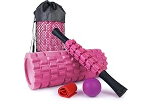 JOYENERGY 5 in 1 Foam Roller Set Trigger Point Foam Roller Patented, Massage Roller Stick, Massage Ball, Stretching Strap for Deep Muscle Massage Pilates Yoga, Fitness Exercise for Whole Body(Pink)